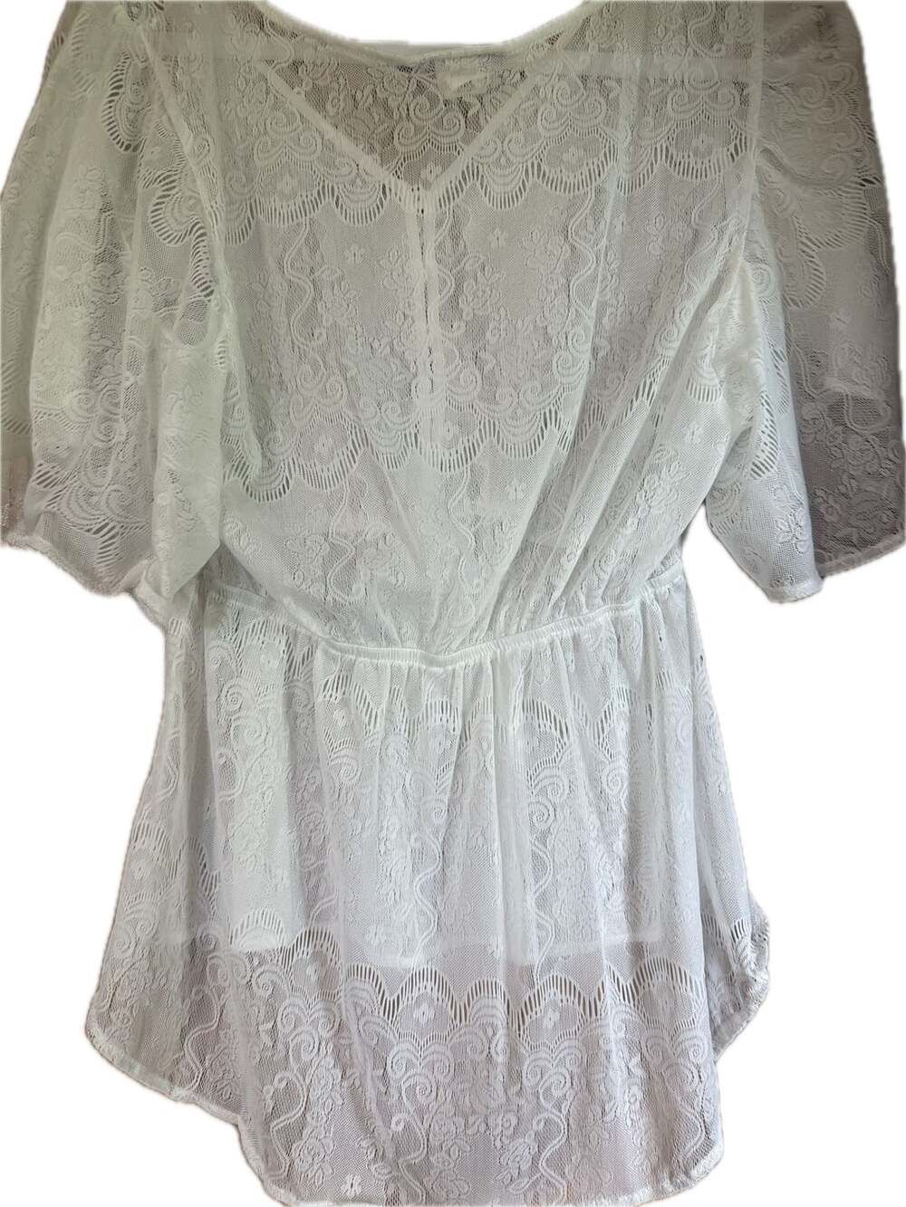 BodyC Women's White Lace Peplum Top with Button Front and Tie Waist - Picture 2 of 3
